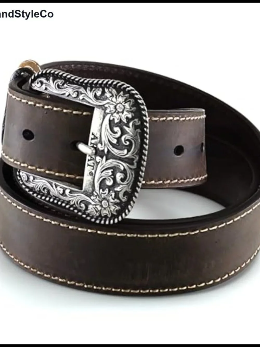 Genuine Leather Western Belt Heavy Stitch Floral Buckle